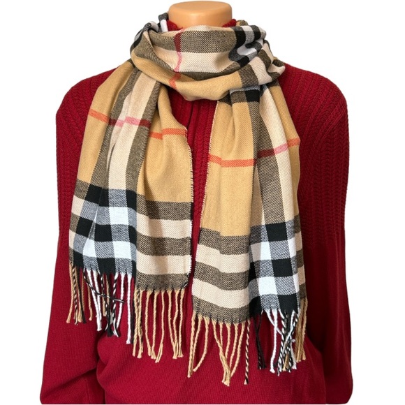 Tartan Plaid Scarf with fringe oblong 100% acrylic. tan white black 70 X 13 new - Picture 3 of 11